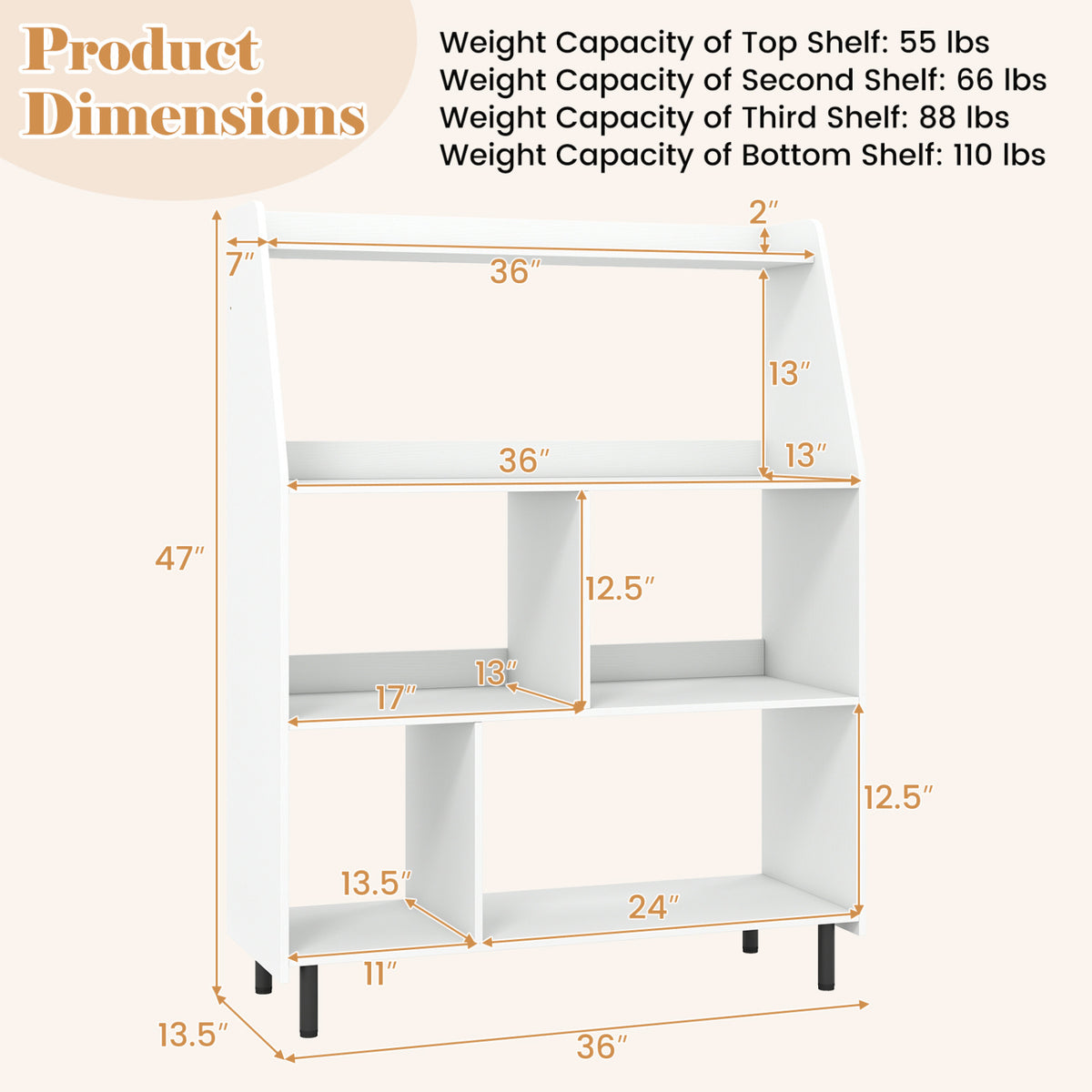 4-Tier Open Modern Bookcase with 2 Anti-Tipping Kits-White view 5