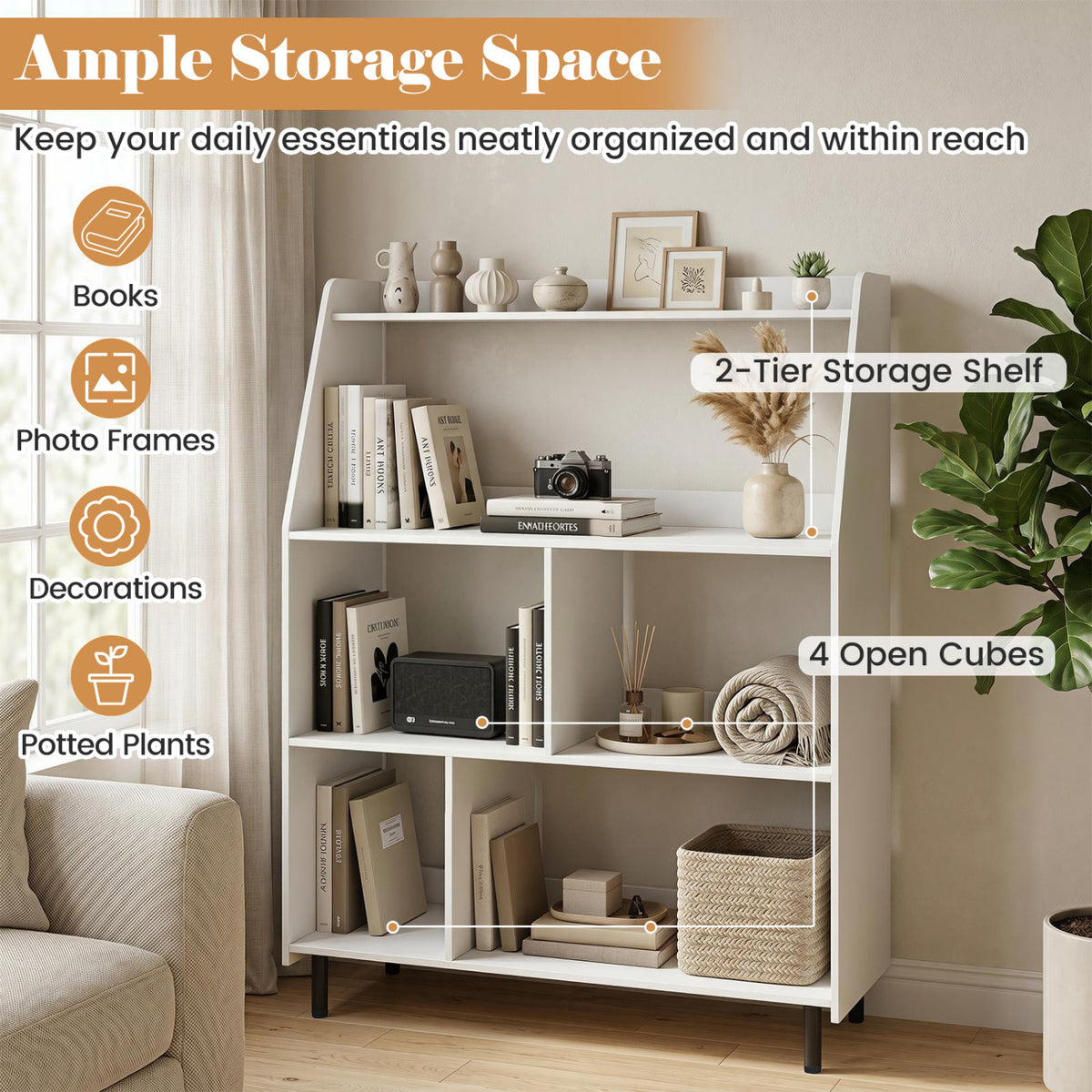 4-Tier Open Modern Bookcase with 2 Anti-Tipping Kits-White view 6