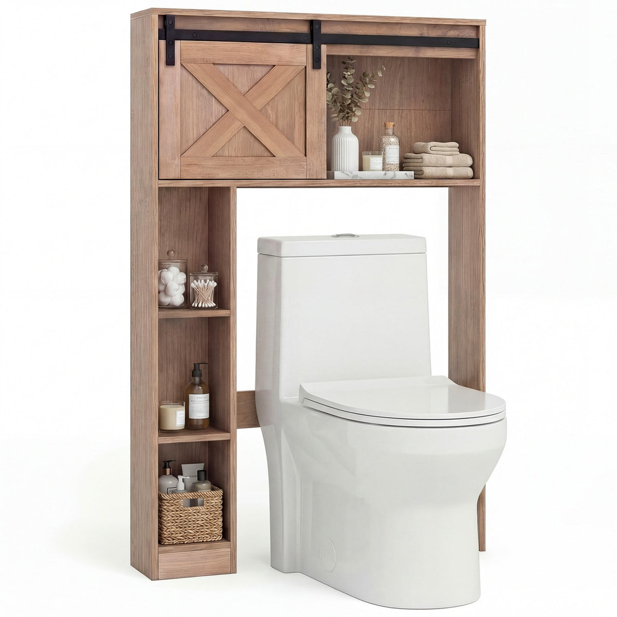 4-Tier Over The Toilet Storage Cabinet with Sliding Barn Door and Storage Shelves-Brown