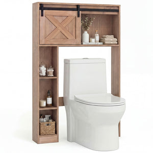 4-Tier Over The Toilet Storage Cabinet with Sliding Barn Door and Storage Shelves-Brown