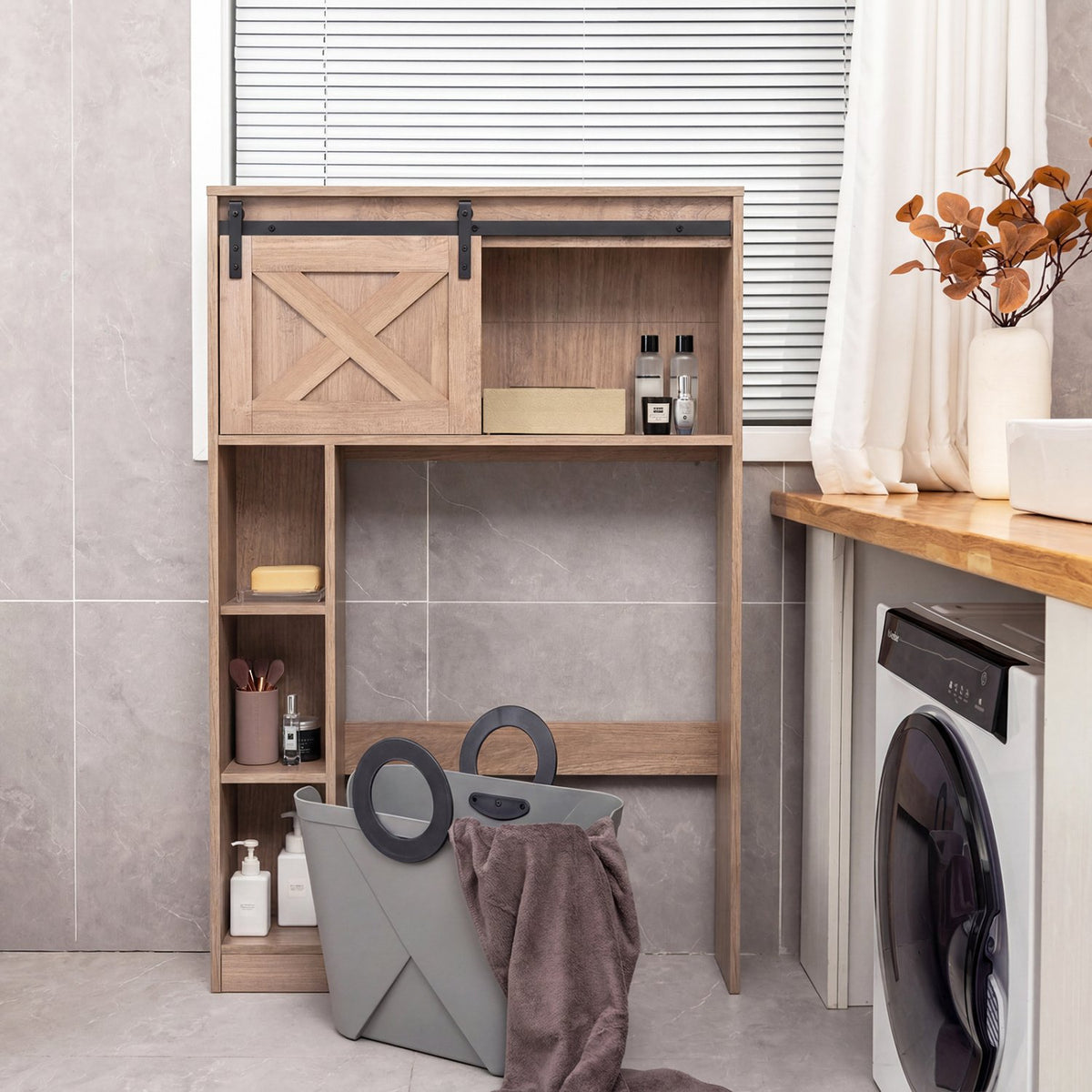 4-Tier Over The Toilet Storage Cabinet with Sliding Barn Door and Storage Shelves-Brown view 2