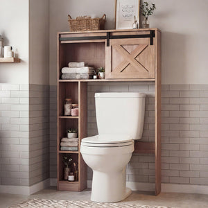 4-Tier Over The Toilet Storage Cabinet with Sliding Barn Door and Storage Shelves-Brown view 3