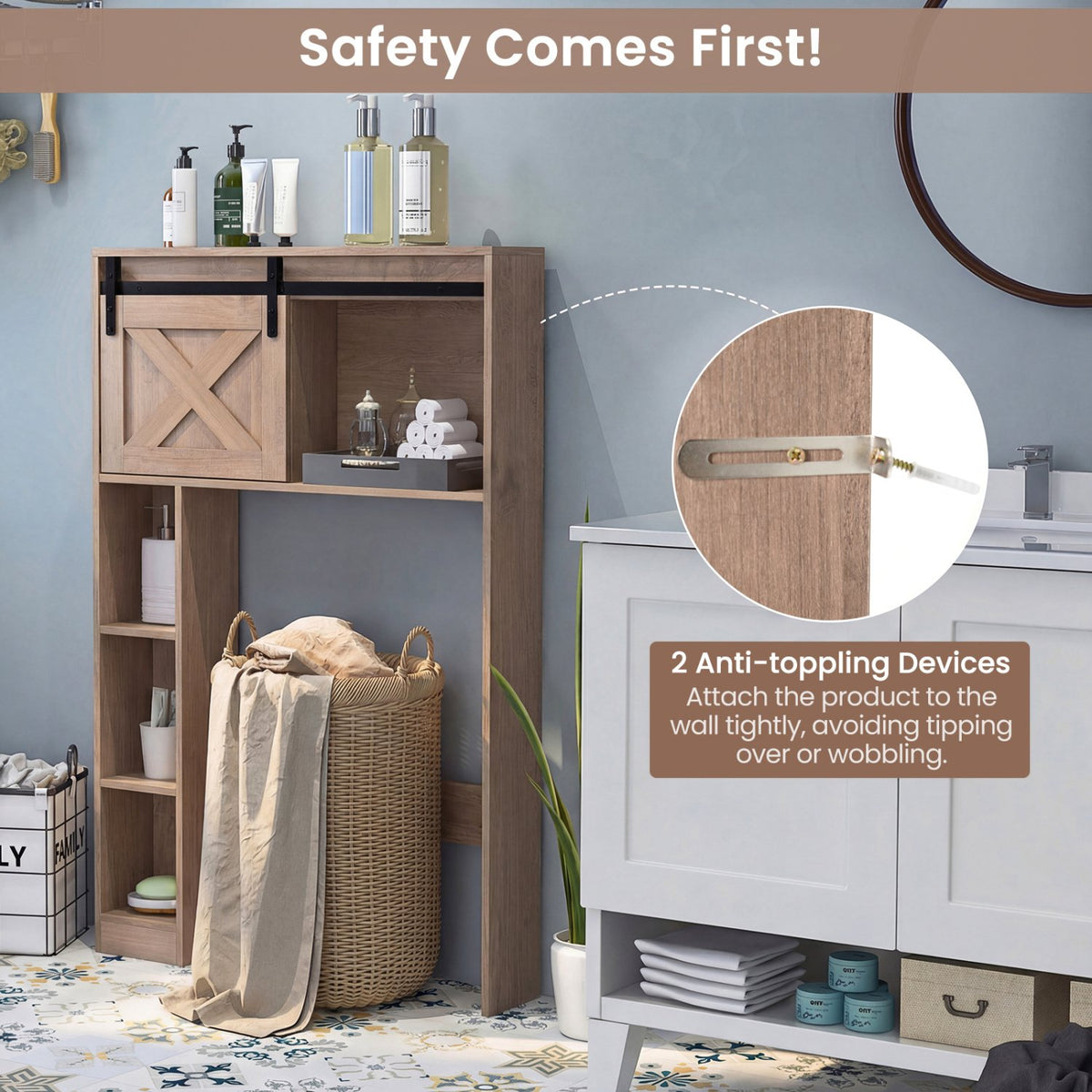 4-Tier Over The Toilet Storage Cabinet with Sliding Barn Door and Storage Shelves-Brown view 8