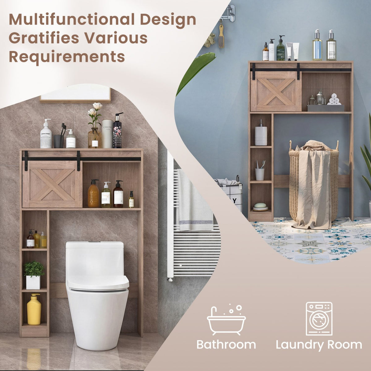 4-Tier Over The Toilet Storage Cabinet with Sliding Barn Door and Storage Shelves-Brown view 9