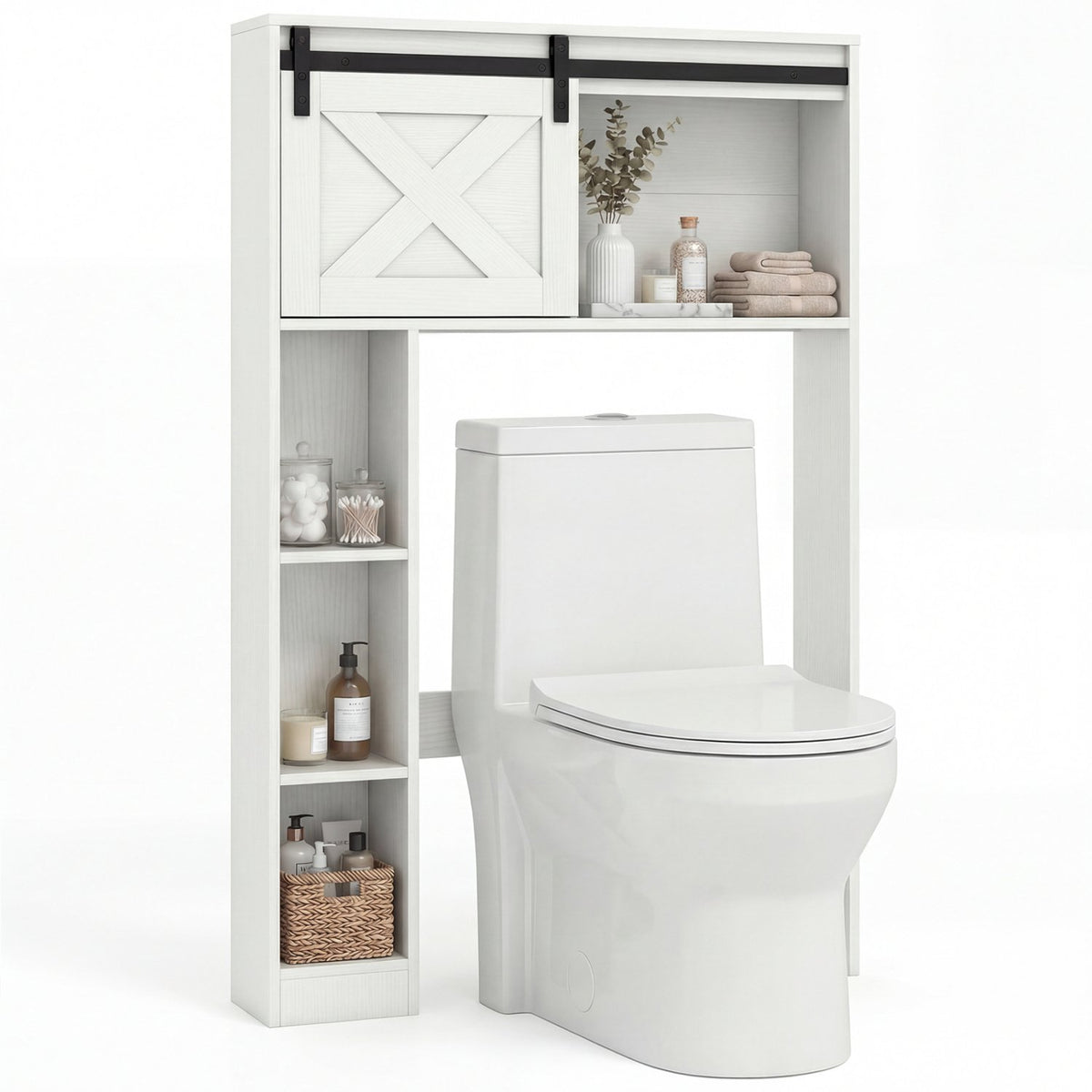 4-Tier Over The Toilet Storage Cabinet with Sliding Barn Door and Storage Shelves-White