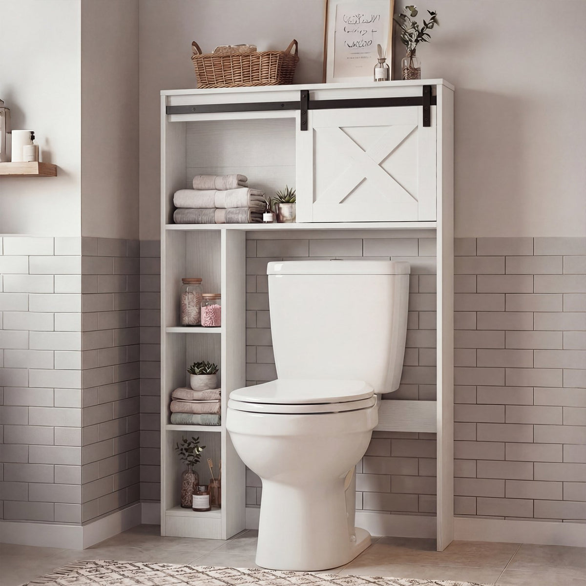 4-Tier Over The Toilet Storage Cabinet with Sliding Barn Door and Storage Shelves-White view 3