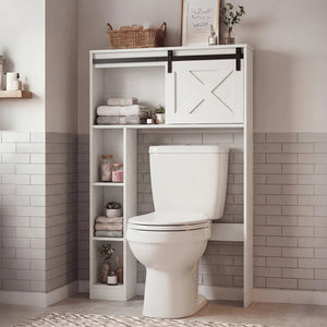 4-Tier Over The Toilet Storage Cabinet with Sliding Barn Door and Storage Shelves-White view 3