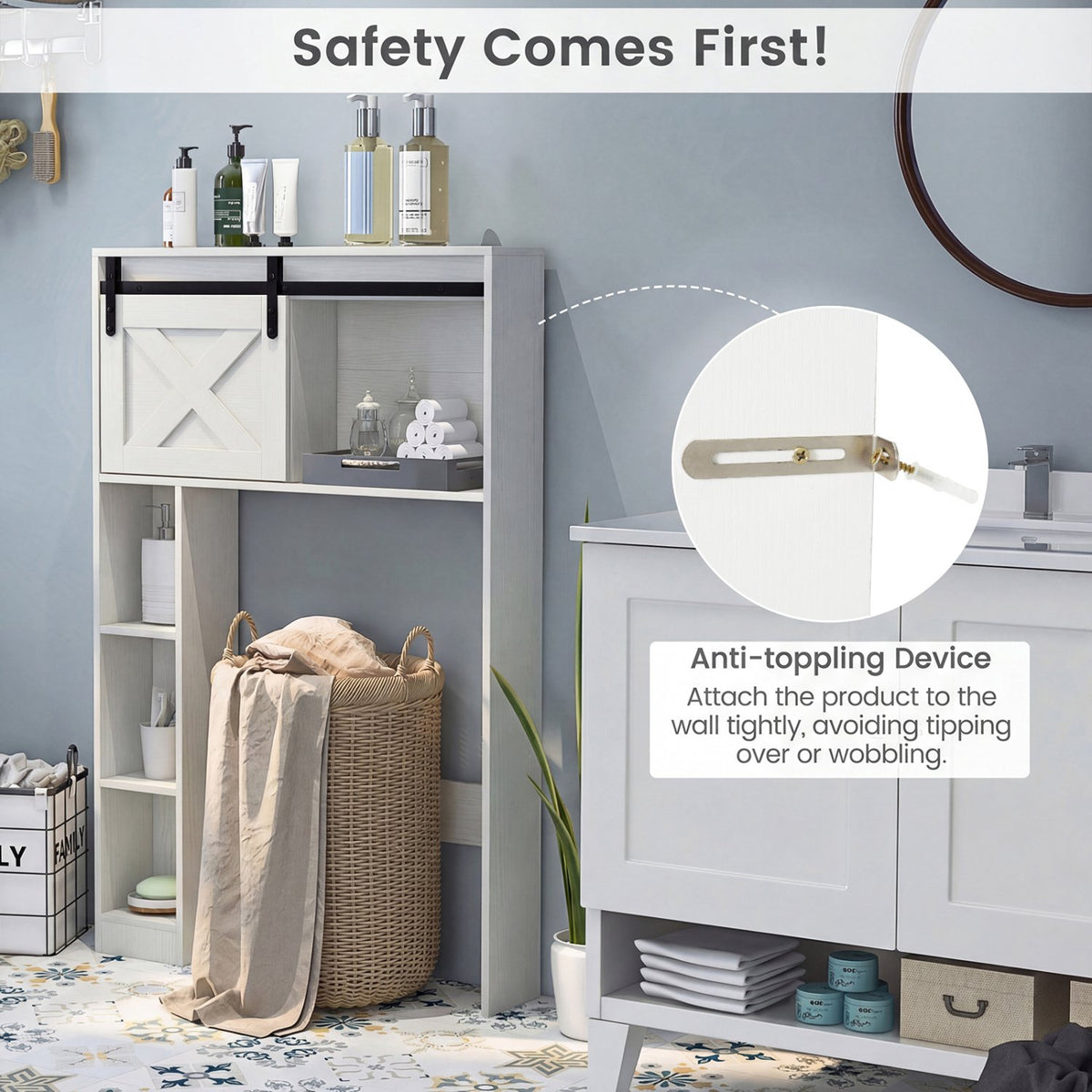 4-Tier Over The Toilet Storage Cabinet with Sliding Barn Door and Storage Shelves-White view 8