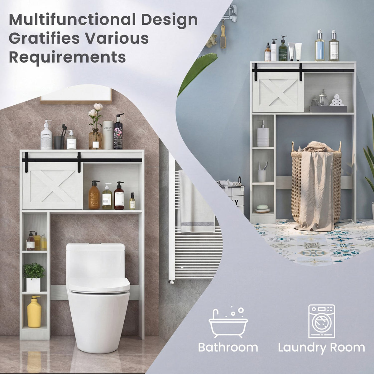 4-Tier Over The Toilet Storage Cabinet with Sliding Barn Door and Storage Shelves-White view 9