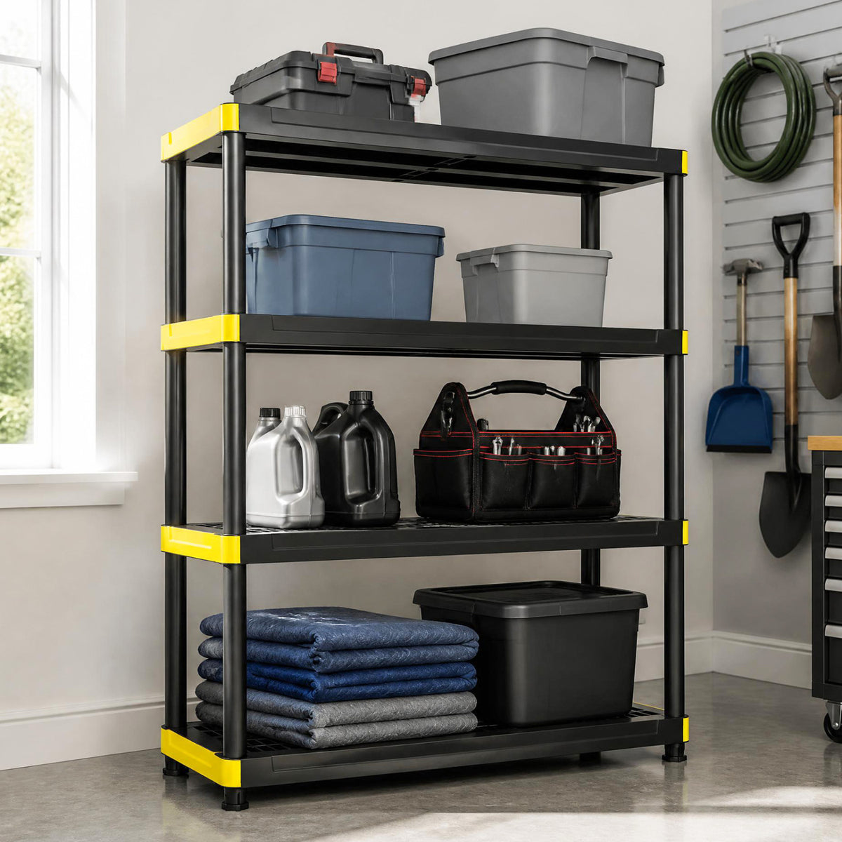 4-Tier Plastic Storage Shelf Heavy-Duty Utility Rack Freestanding Storage Rack-Black view 2