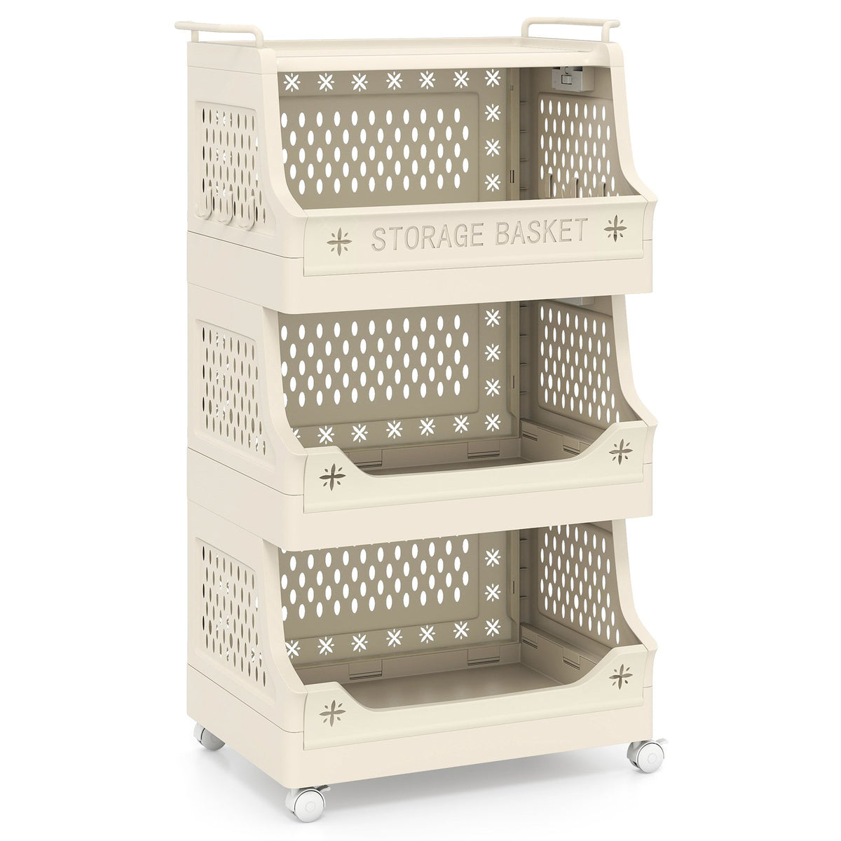 4-Tier Rolling Laundry Basket with Wheels Plastic Storage Cart with Side Hooks