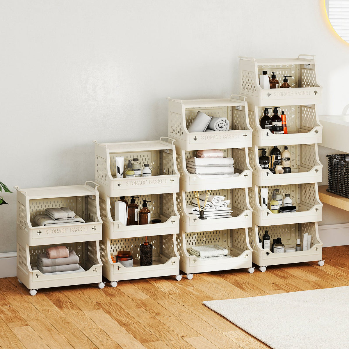 4-Tier Rolling Laundry Basket with Wheels Plastic Storage Cart with Side Hooks view 6