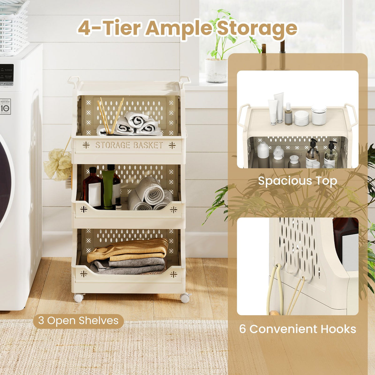 4-Tier Rolling Laundry Basket with Wheels Plastic Storage Cart with Side Hooks view 7