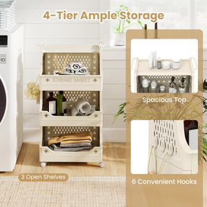 4-Tier Rolling Laundry Basket with Wheels Plastic Storage Cart with Side Hooks view 7