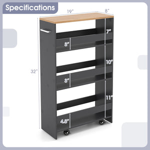 4-Tier Rolling Storage Cart Slim Kitchen Cart on Wheels with Open Shelves and Handle-Gray view 5