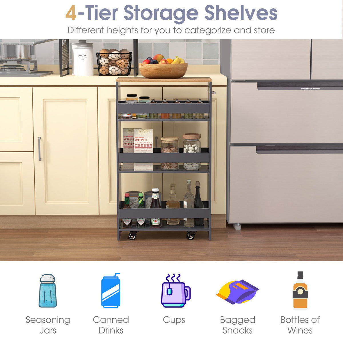 4-Tier Rolling Storage Cart Slim Kitchen Cart on Wheels with Open Shelves and Handle-Gray view 7