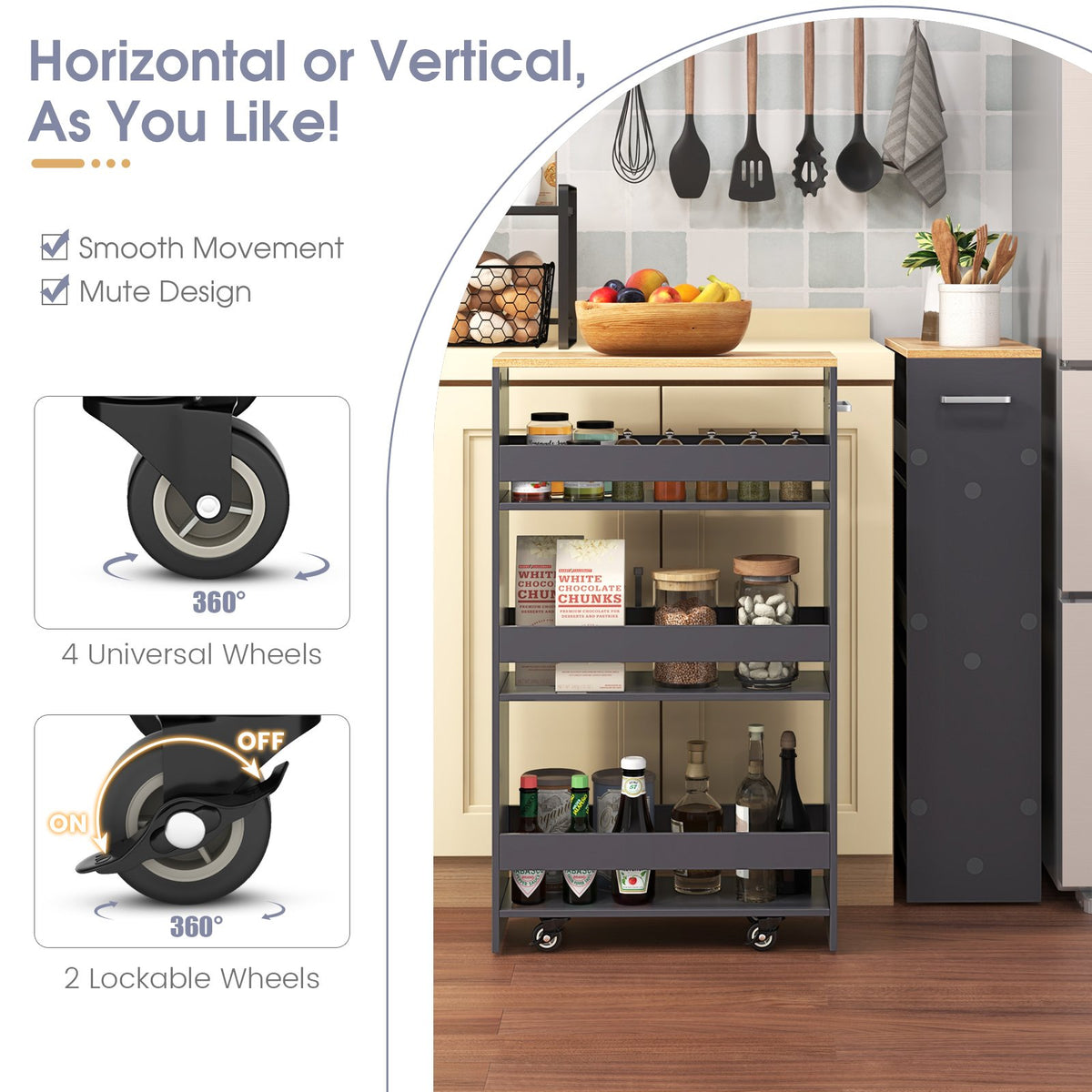 4-Tier Rolling Storage Cart Slim Kitchen Cart on Wheels with Open Shelves and Handle-Gray view 9