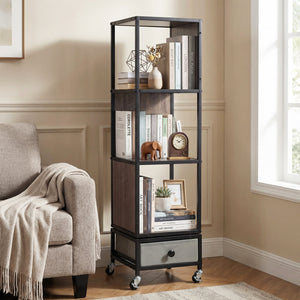 4-Tier Rotating Bookshelf on Wheels with Removable Drawer-Gray view 2