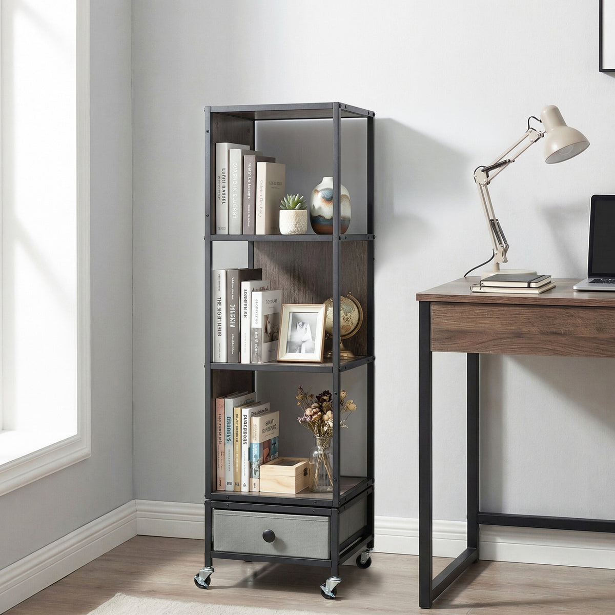 4-Tier Rotating Bookshelf on Wheels with Removable Drawer-Gray view 3