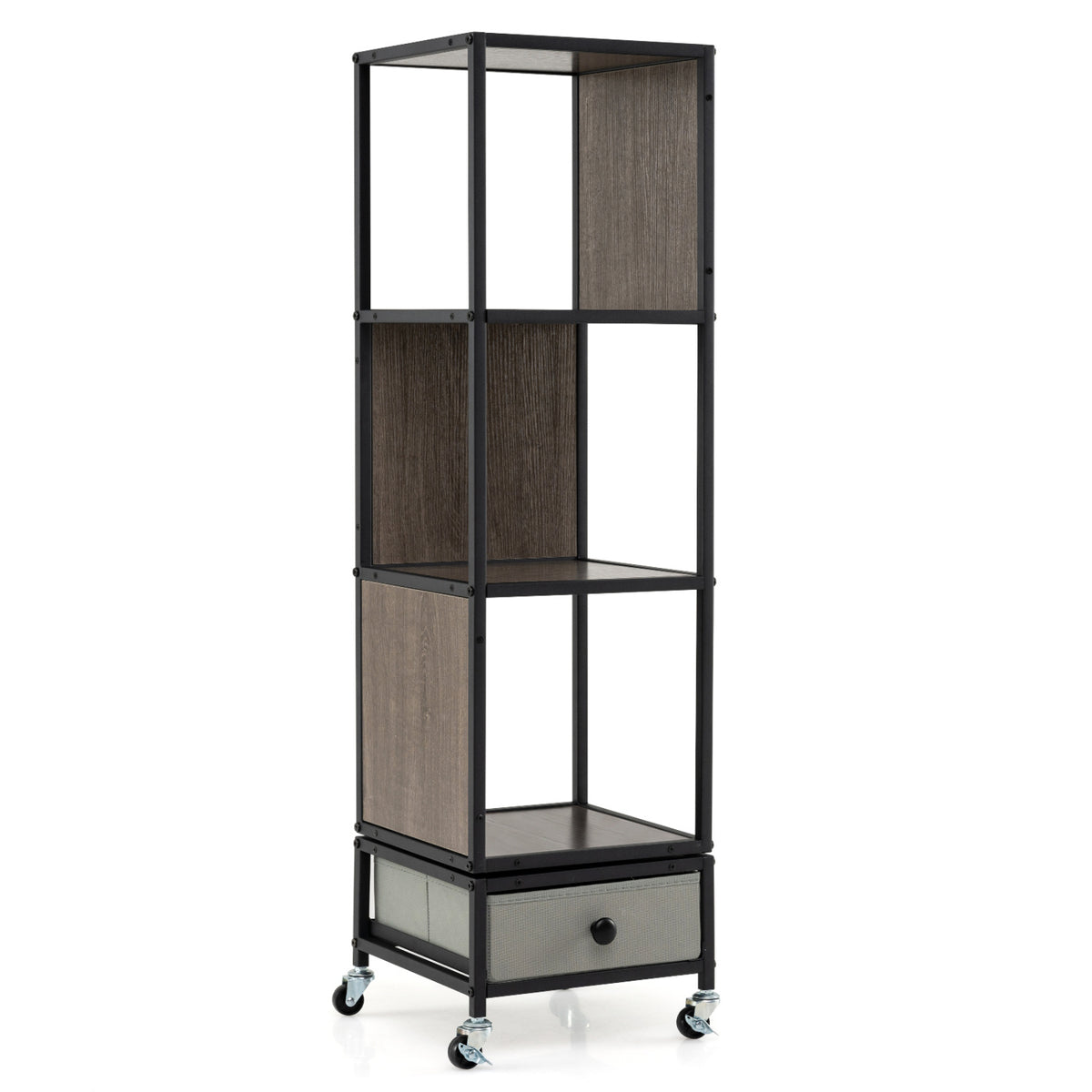 4-Tier Rotating Bookshelf on Wheels with Removable Drawer-Gray view 4