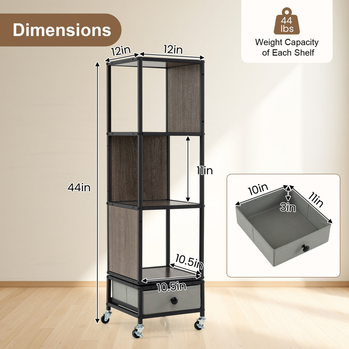 4-Tier Rotating Bookshelf on Wheels with Removable Drawer-Gray view 5