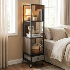 4-Tier Rotating Bookshelf on Wheels with Removable Drawer-Gray view 6