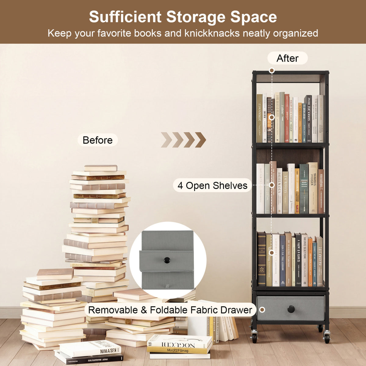 4-Tier Rotating Bookshelf on Wheels with Removable Drawer-Gray view 7