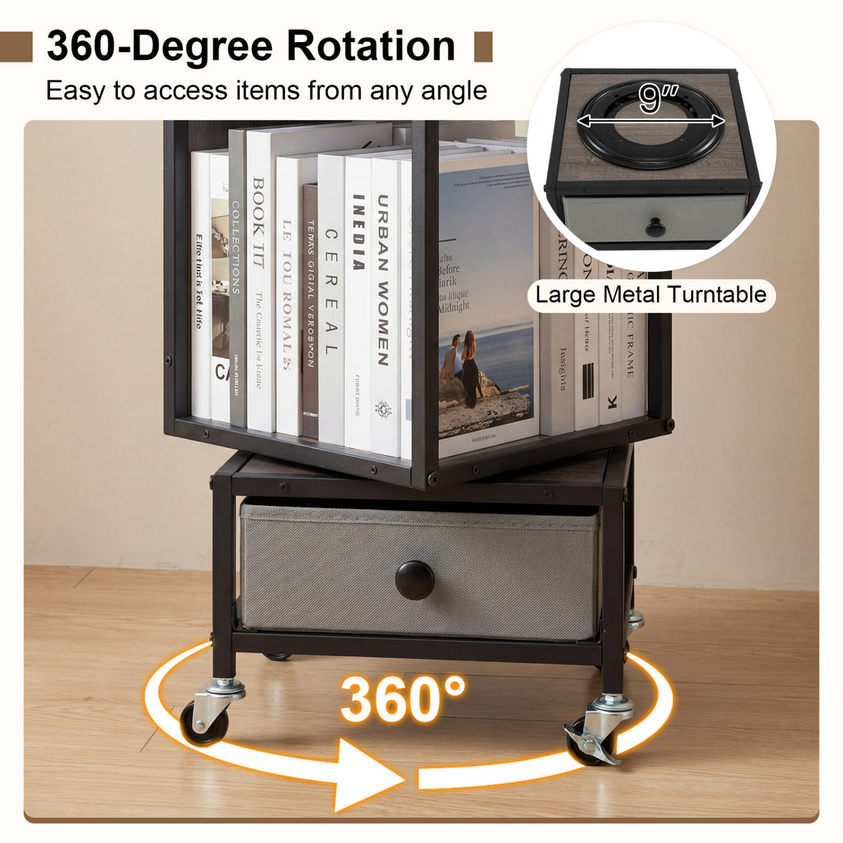 4-Tier Rotating Bookshelf on Wheels with Removable Drawer-Gray view 8