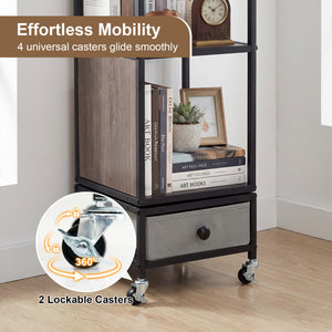 4-Tier Rotating Bookshelf on Wheels with Removable Drawer-Gray view 9
