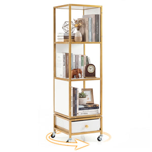 4-Tier Rotating Bookshelf on Wheels with Removable Drawer-White