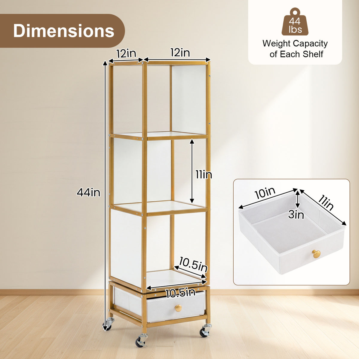 4-Tier Rotating Bookshelf on Wheels with Removable Drawer-White view 5