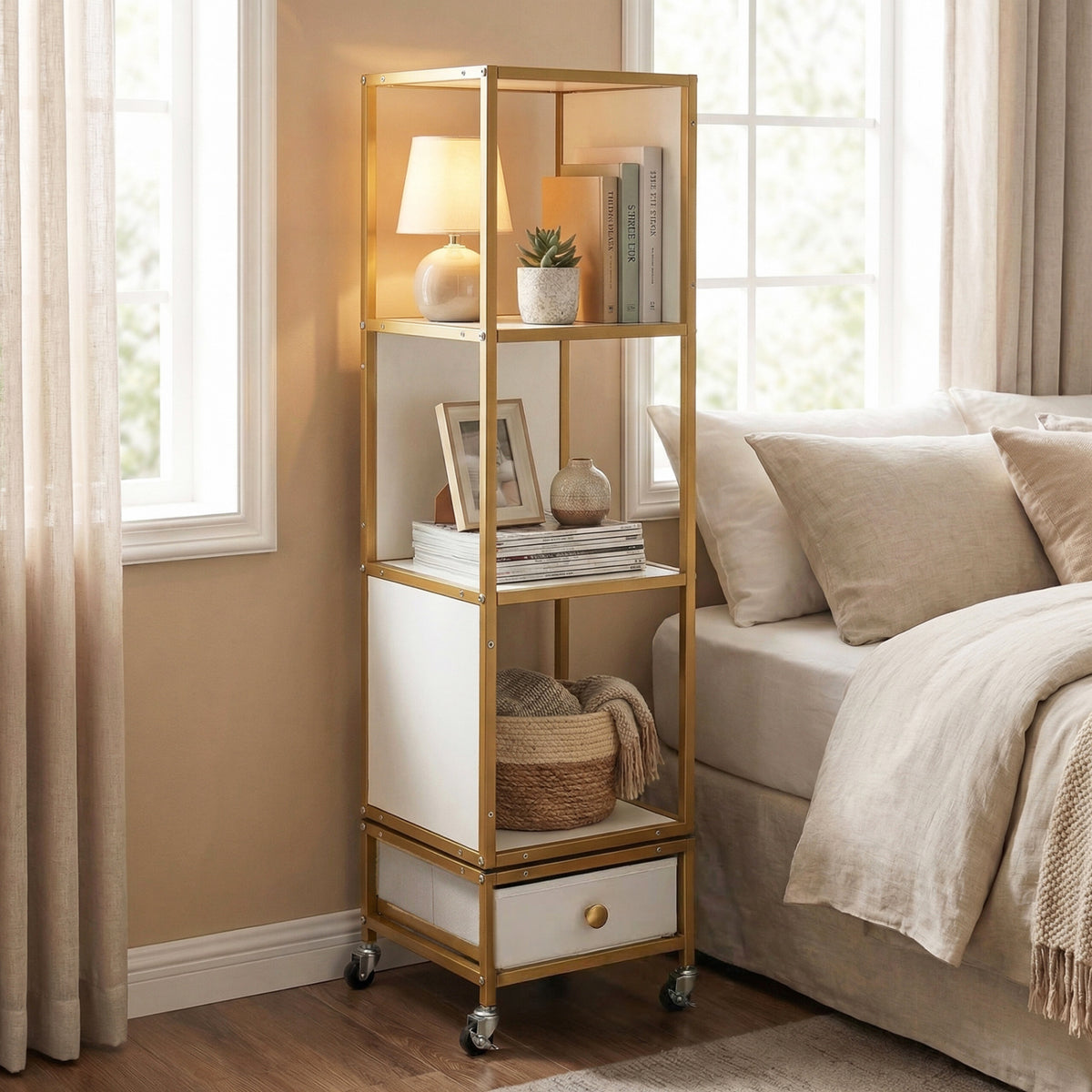4-Tier Rotating Bookshelf on Wheels with Removable Drawer-White view 6