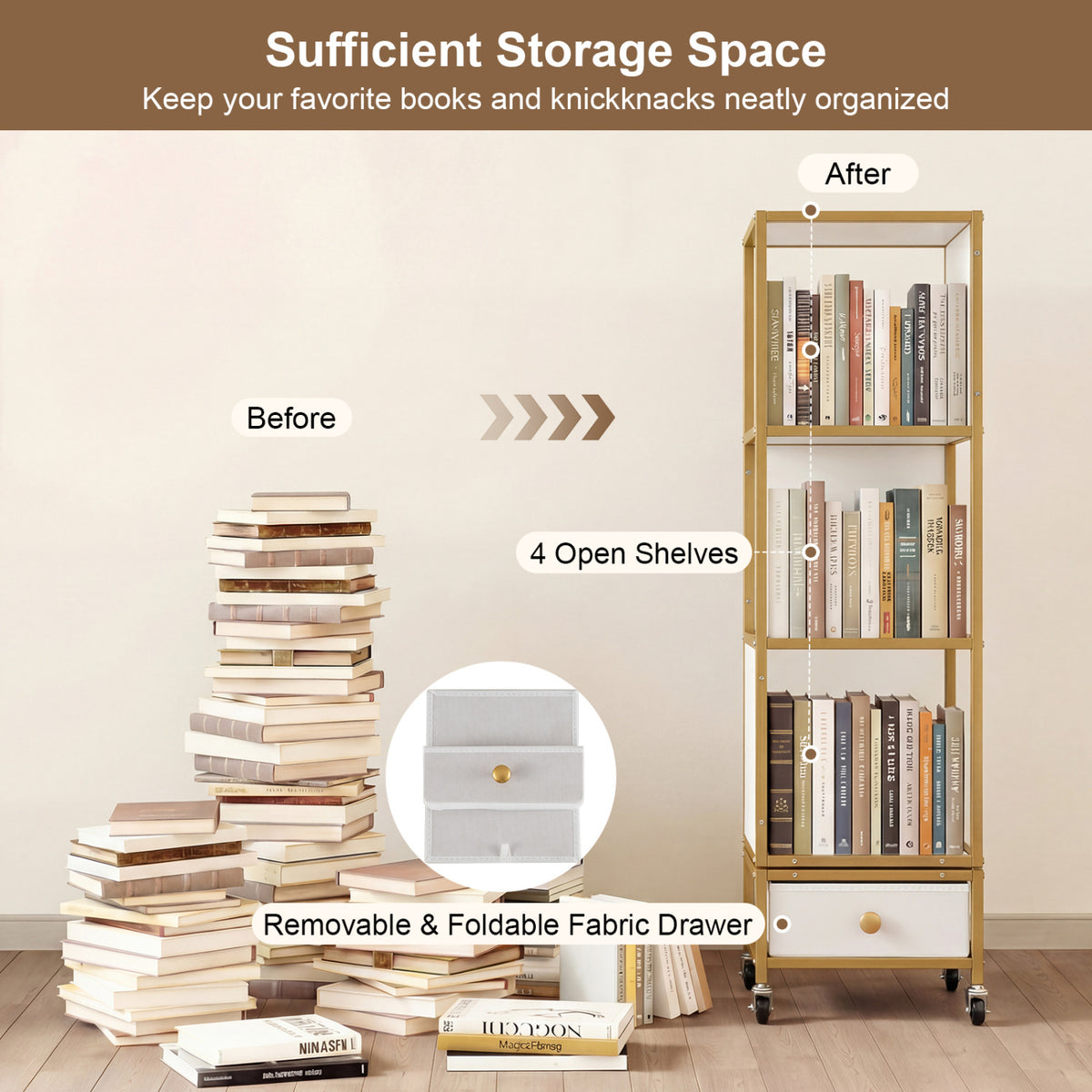 4-Tier Rotating Bookshelf on Wheels with Removable Drawer-White view 7