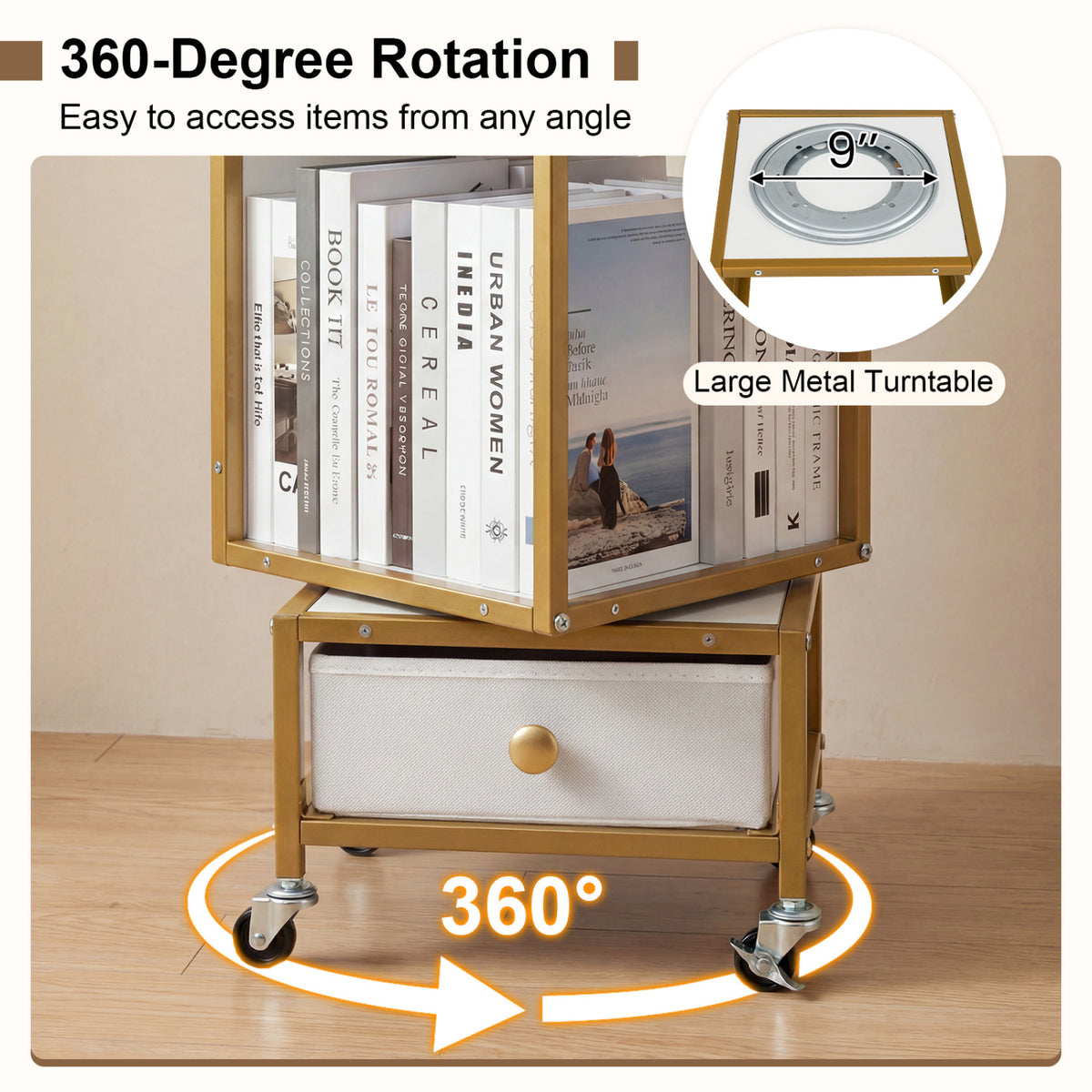 4-Tier Rotating Bookshelf on Wheels with Removable Drawer-White view 8