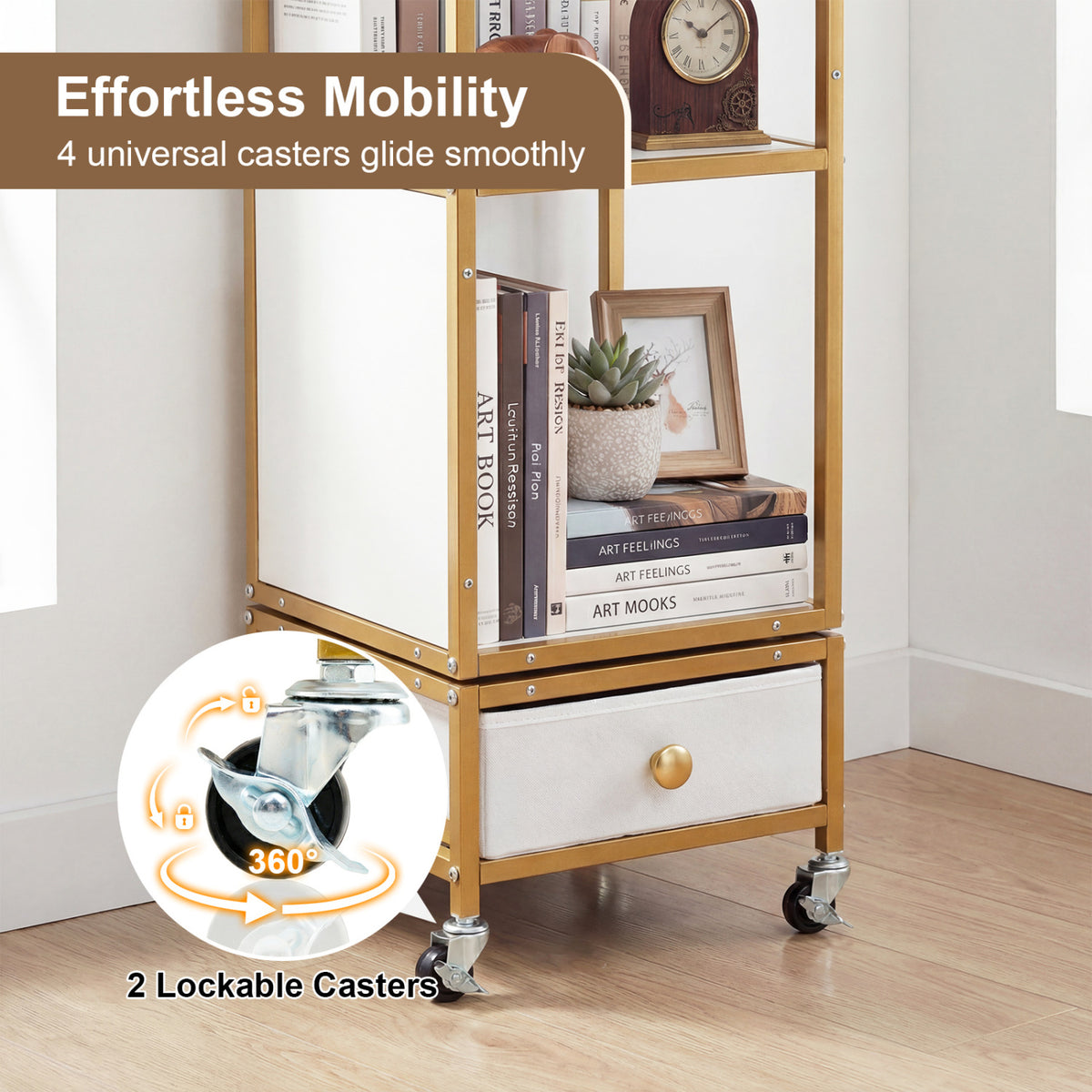 4-Tier Rotating Bookshelf on Wheels with Removable Drawer-White view 9