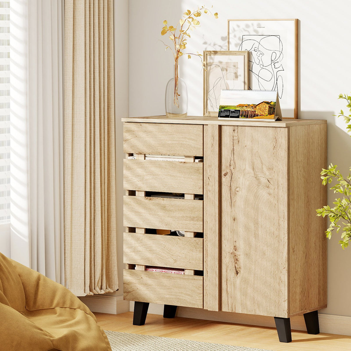 4-Tier Shoe Cabinet 2-Door Storage Organizer with Louvered Door-Natural view 2
