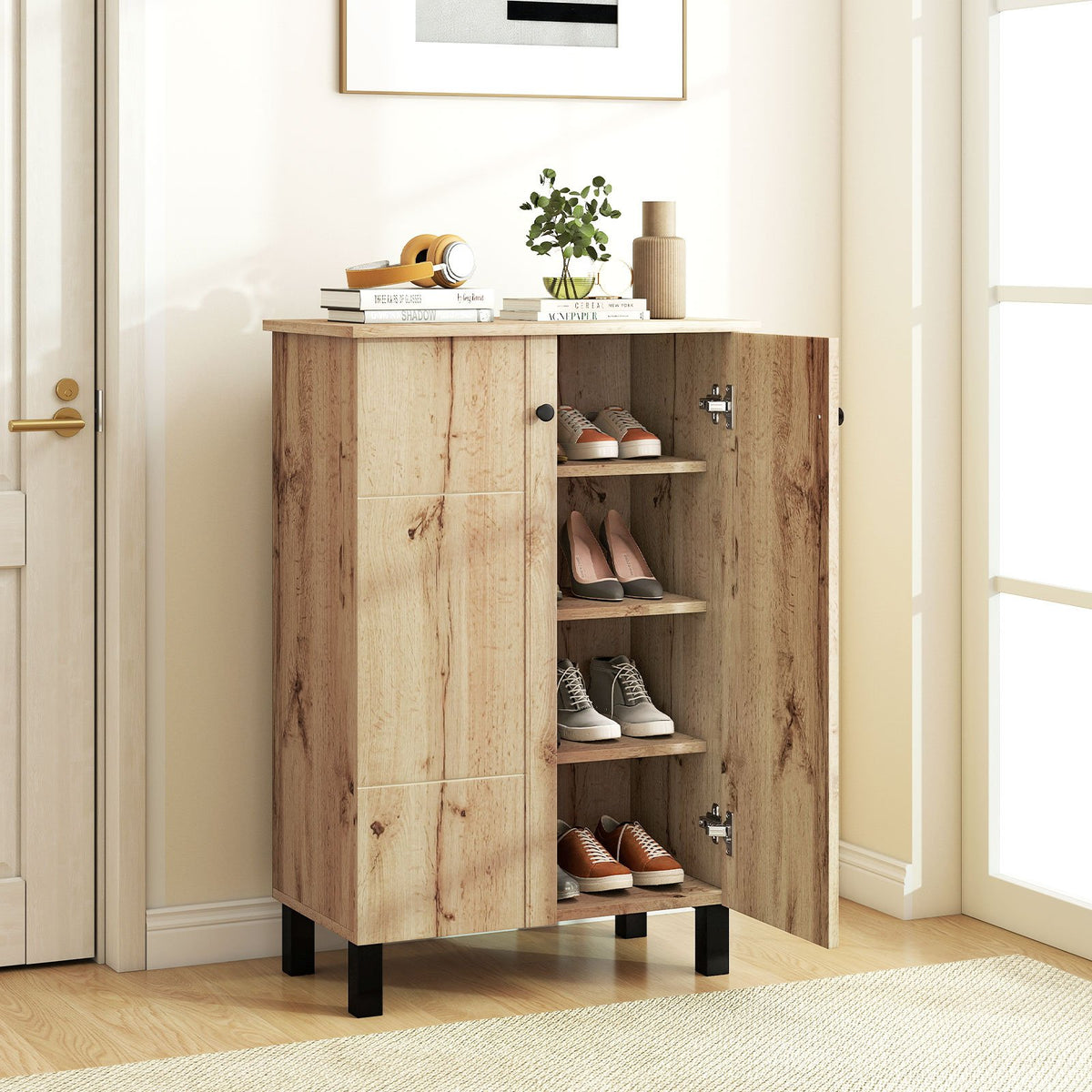 4-Tier Shoe Organizer with Removable Shelves and 2 Doors-Natural view 2