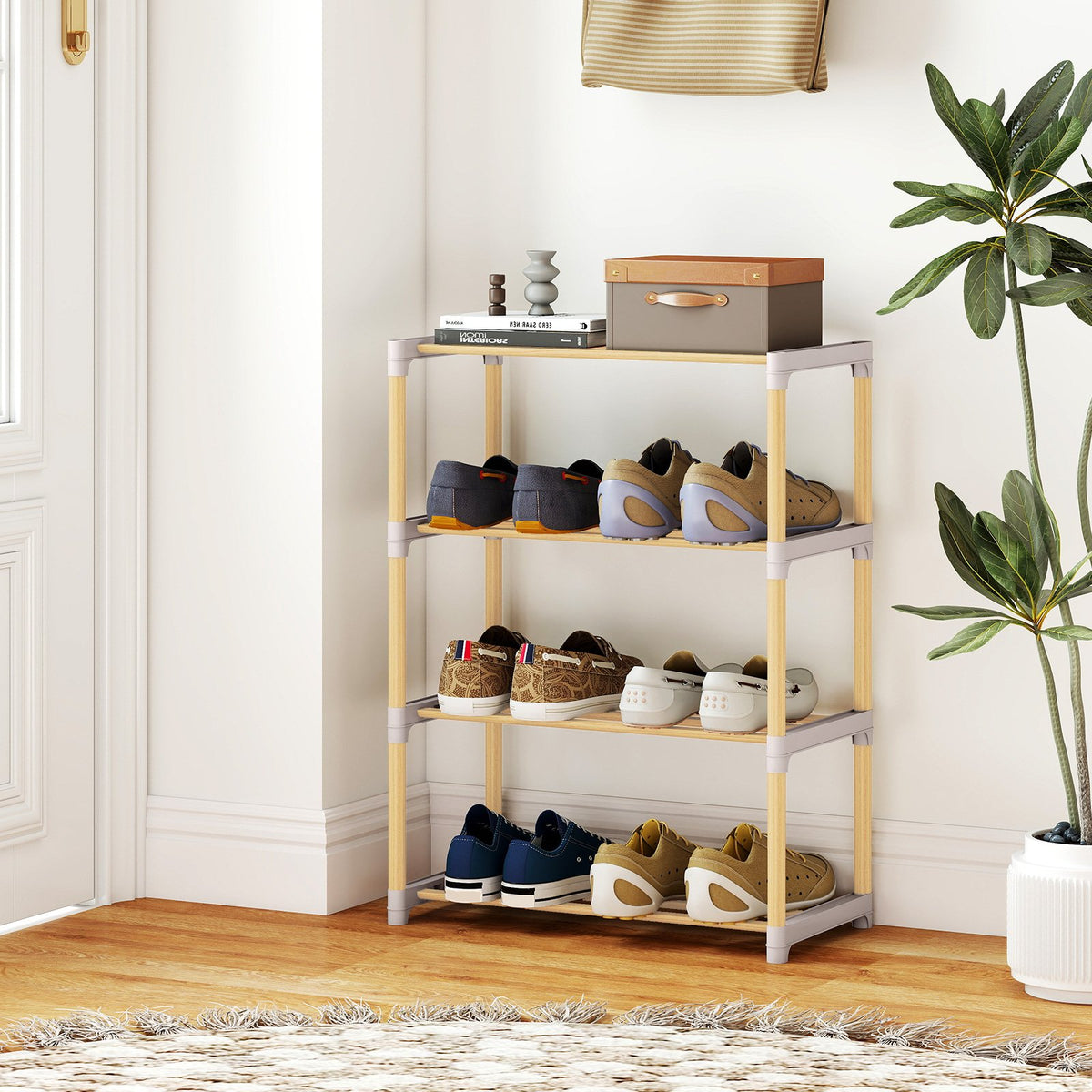 4-Tier Solid Wood Shoe Rack with Slatted Open Shelves-Gray view 2