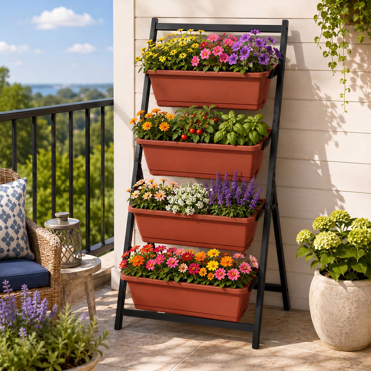 4-Tier Vertical Raised Garden Bed with Drainage Holes and 4 Containers-Red view 3