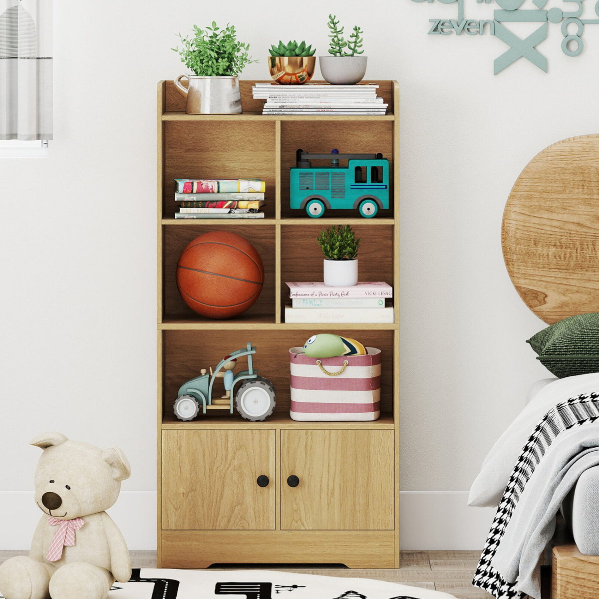 4 Tiers Bookshelf with 4 Cubes Display Shelf and 2 Doors-Natural view 3