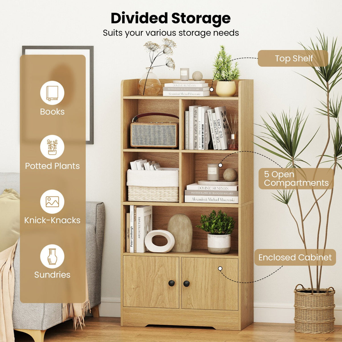 4 Tiers Bookshelf with 4 Cubes Display Shelf and 2 Doors-Natural view 6