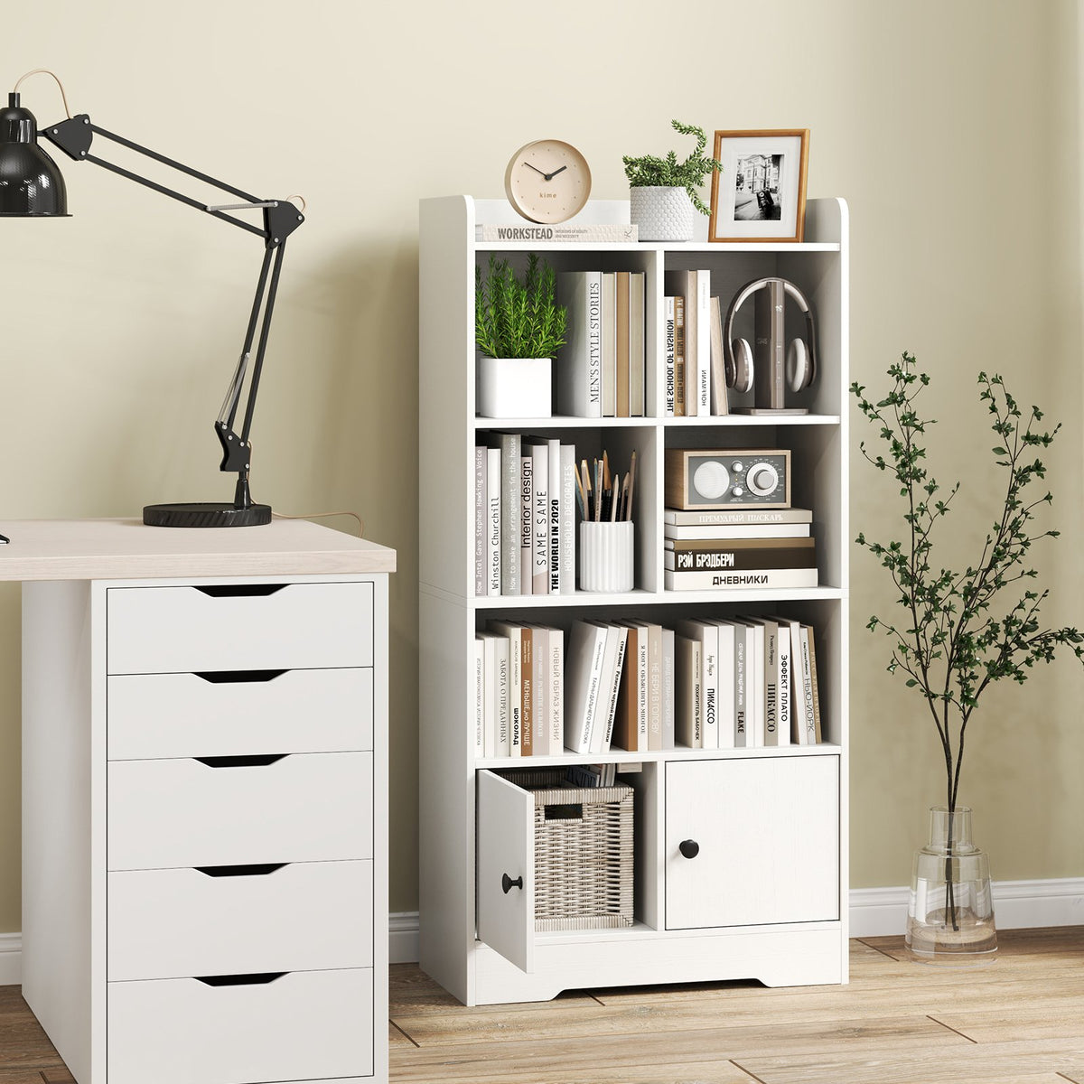 4 Tiers Bookshelf with 4 Cubes Display Shelf and 2 Doors-White view 2