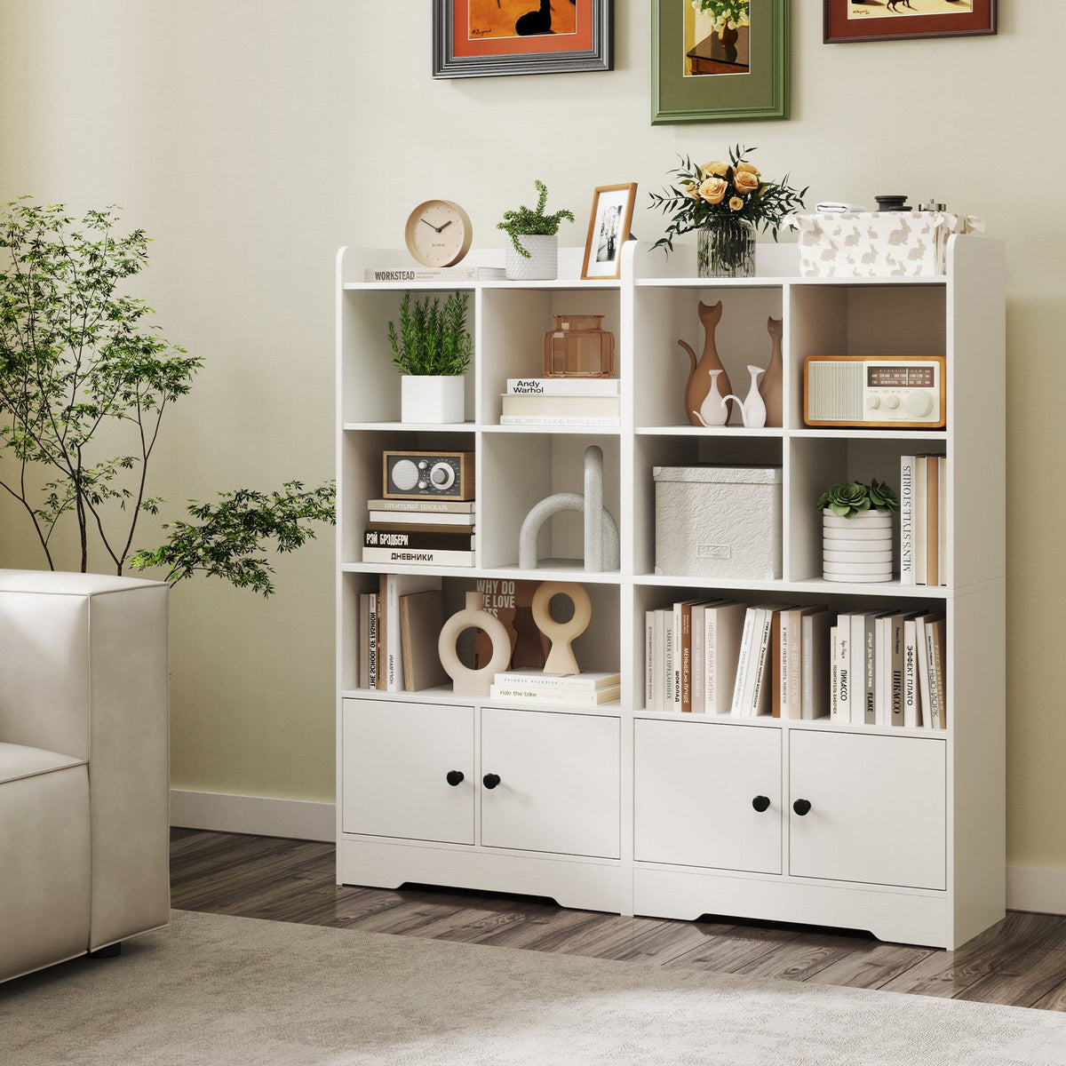 4 Tiers Bookshelf with 4 Cubes Display Shelf and 2 Doors-White view 3