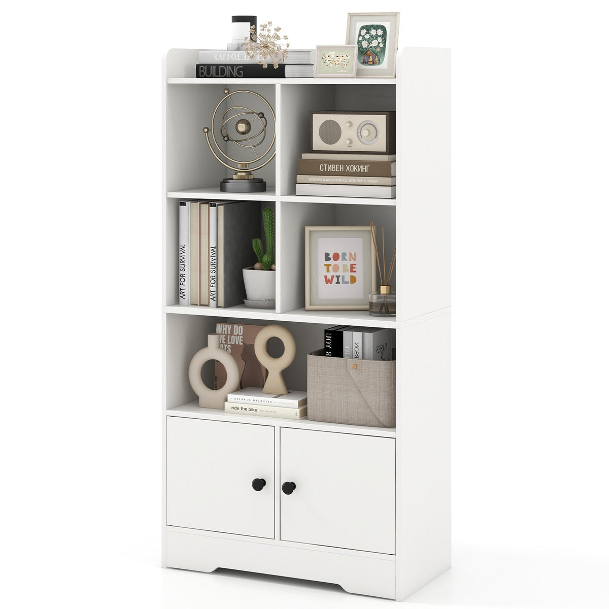 4 Tiers Bookshelf with 4 Cubes Display Shelf and 2 Doors-White view 4