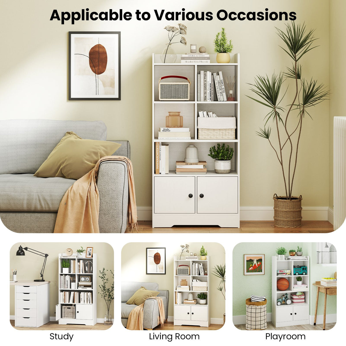4 Tiers Bookshelf with 4 Cubes Display Shelf and 2 Doors-White view 8