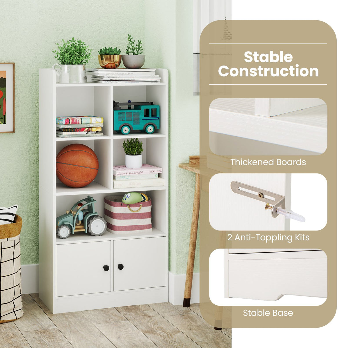 4 Tiers Bookshelf with 4 Cubes Display Shelf and 2 Doors-White view 9
