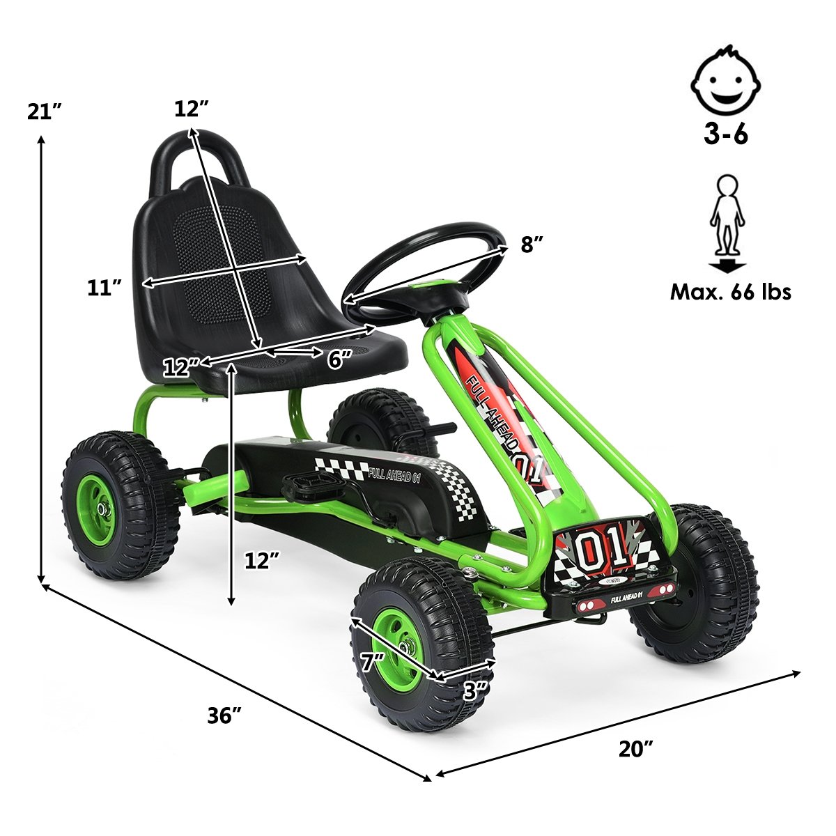 4 Wheel Pedal Powered Ride On with Adjustable Seat-Green view 4