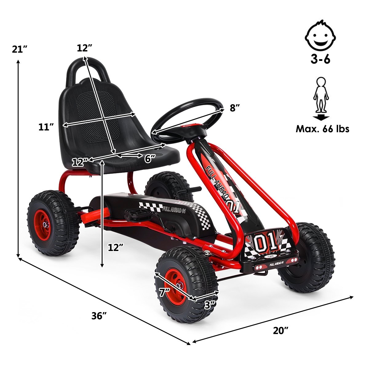 4 Wheel Pedal Powered Ride On with Adjustable Seat-Red view 4