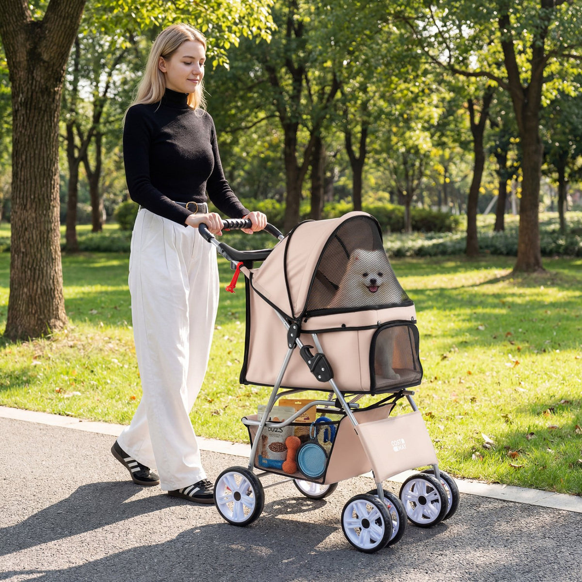 4 Wheel Pet Stroller for Small Dogs Cats up to 33 LBS-Beige view 3