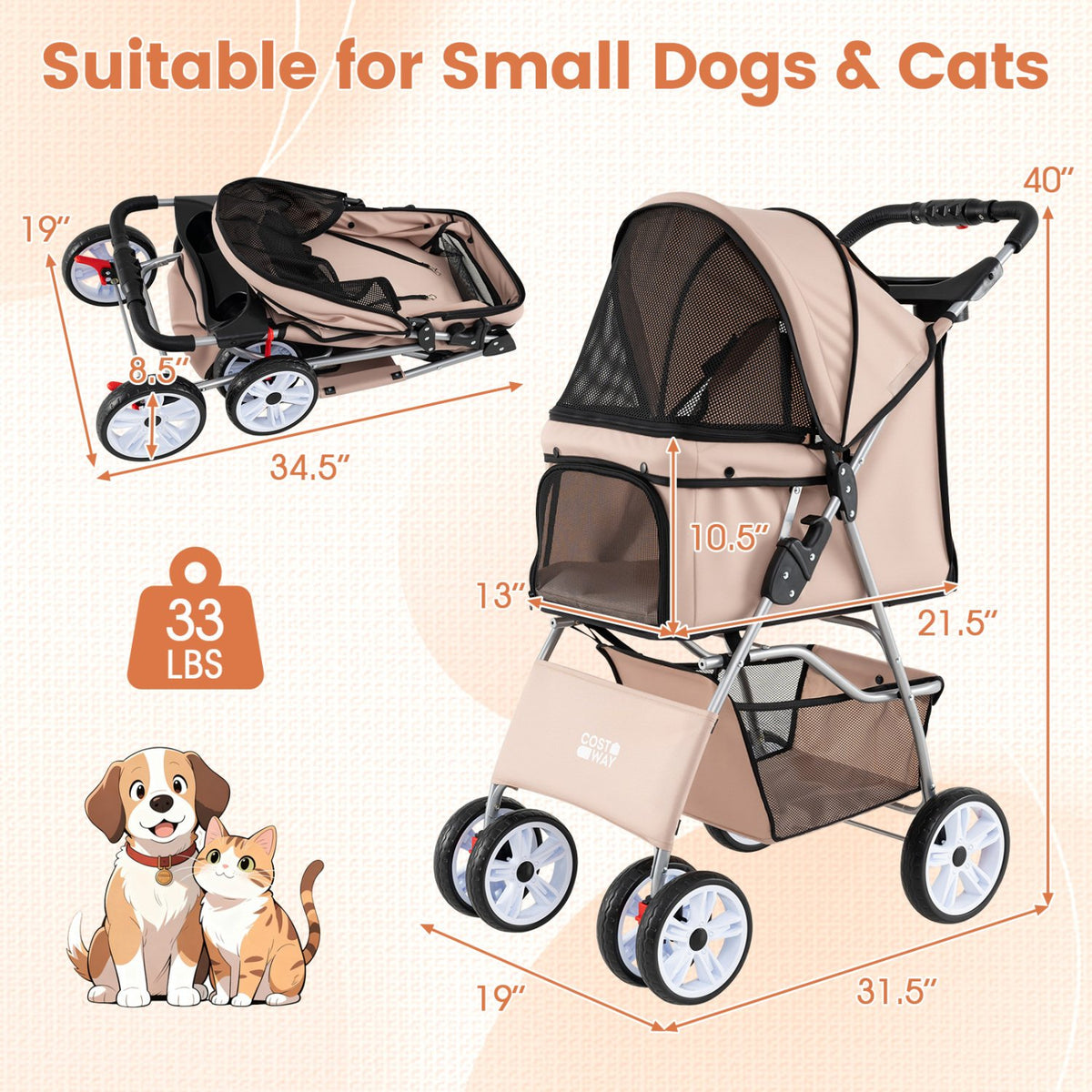 4 Wheel Pet Stroller for Small Dogs Cats up to 33 LBS-Beige view 4